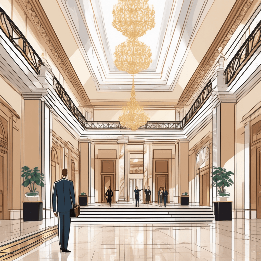 a well-dressed hotel guest walks through the impressive entrance hall while carrying luggage. The guest looks up admiringly at the high ceiling and ornate decorations above. A uniformed concierge approaches from behind the reception desk to greet the arriving visitor. The polished marble floors reflect the warm lighting from elegant chandeliers hanging overhead. Other guests move through the open area while staff members assist them near comfortable seating arrangements. an entrance hall used by the public in a hotel setting