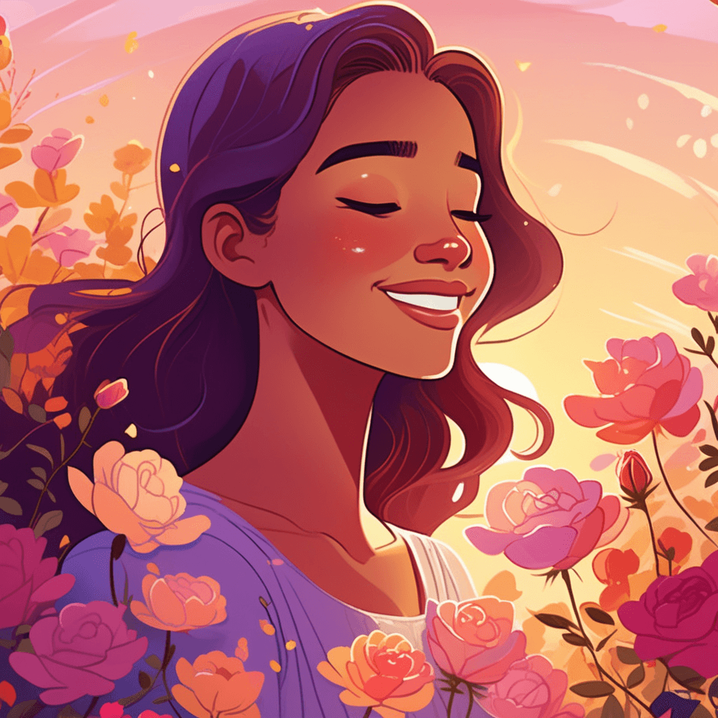 A fragrant flower garden enchants a girl inhaling sweet floral aromas