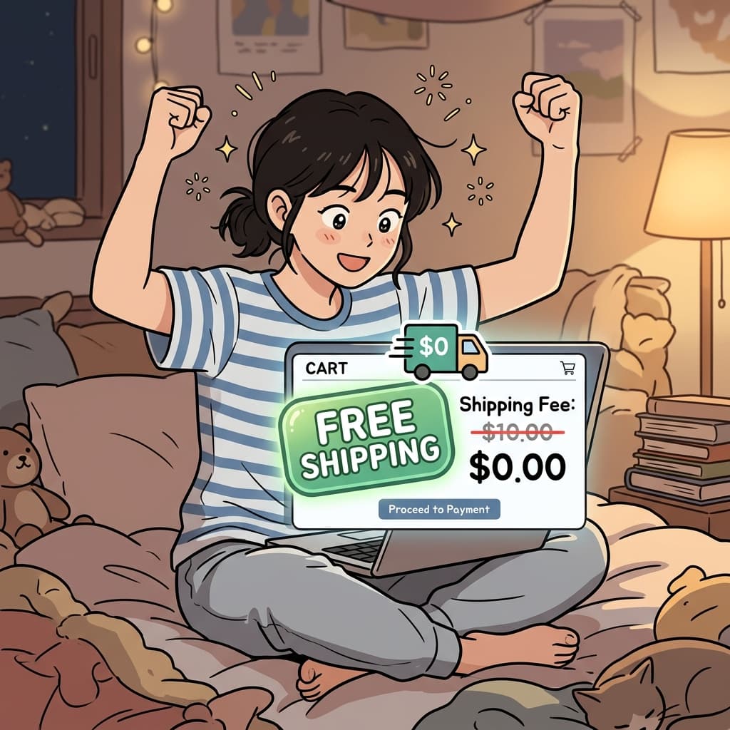 She smiled when she saw 'free shipping' at checkout — no extra cost at all.