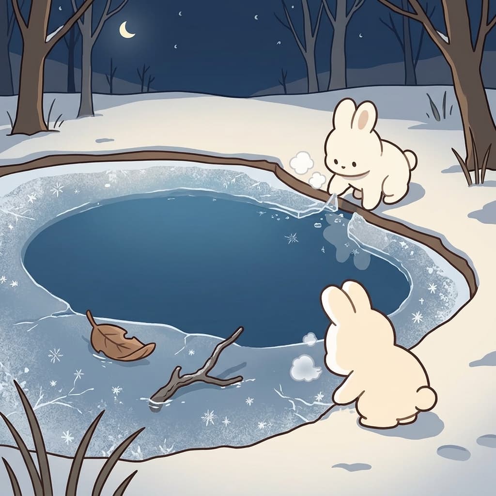 The pond began to freeze as the winter night deepened.