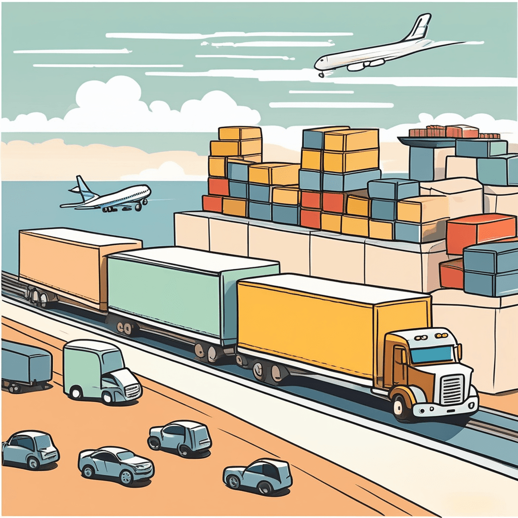 Goods transported by truck, train, ship, or aircraft for commercial purposes. The transportation of large quantities of goods over long distances.