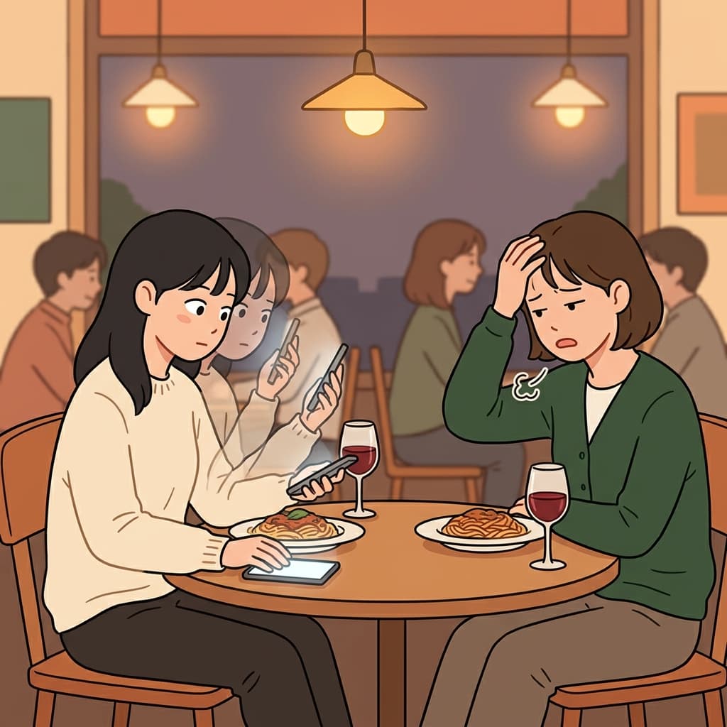 She frequently checks her phone during dinner, glancing at the screen every minute.