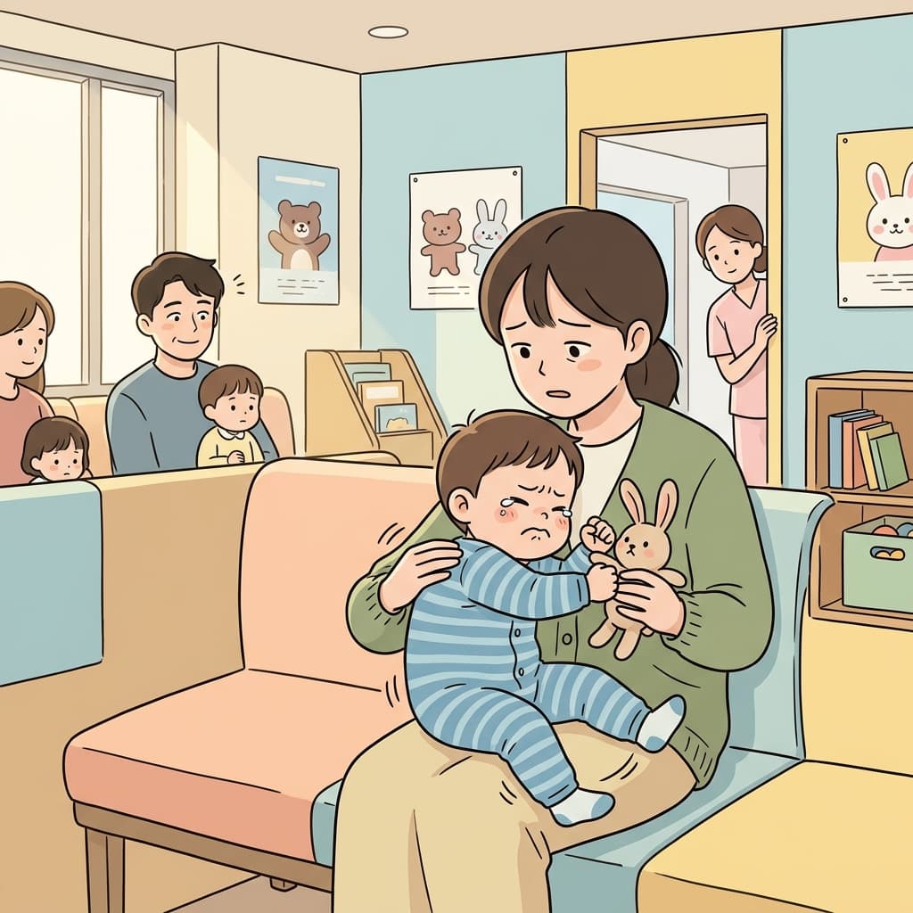 The fretful toddler squirms and whimpers in his mother's arms at the pediatrician's waiting room.
