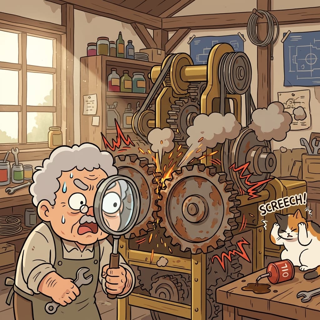 The mechanic shows how friction between the rusty gears slows the entire machine down.