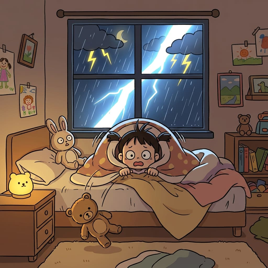The sudden thunder seemed to frighten the little girl hiding under her blanket.
