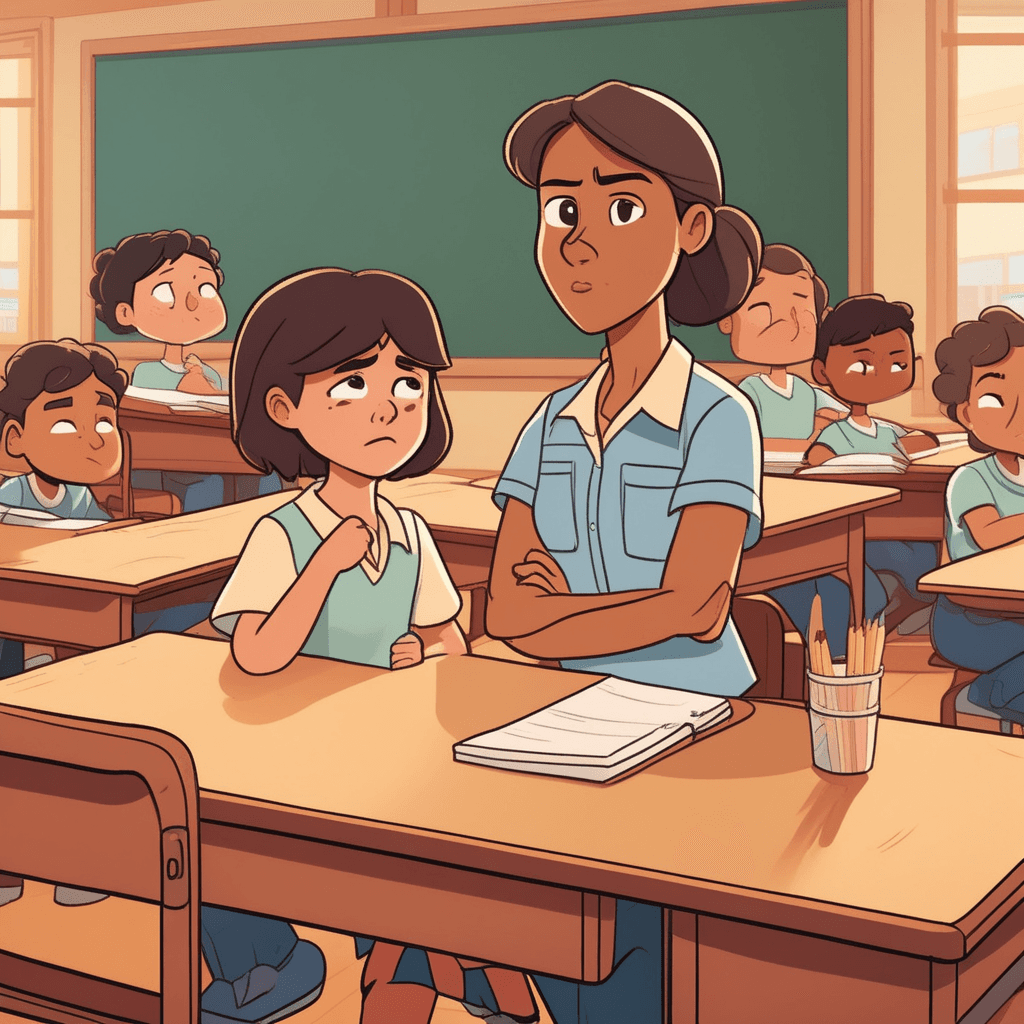 a young student crosses their arms and turns away from the teacher with a scowling expression. The child deliberately knocks over pencils and papers on their desk while refusing to look at the lesson. The teacher approaches with a concerned but frustrated expression, trying to get the student's attention. Other students in the background look uncomfortable and distracted by the disruptive behavior. Some classmates exchange worried glances while others try to continue their work. someone being stubbornly contrary and disobedient, difficult to deal with