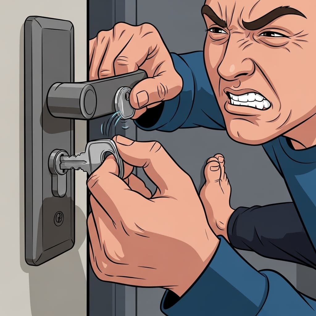 He tries again and again, but the stuck lock frustrates him.