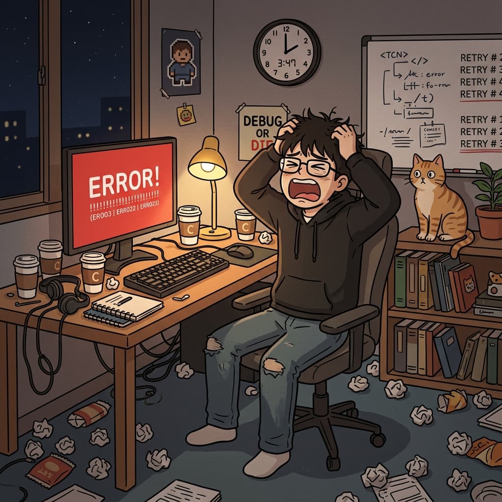 He feels frustrated after his code crashes for the tenth time tonight.