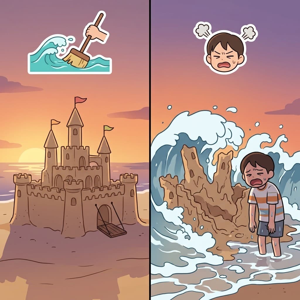 Watching the incoming tide destroy his sand castle filled the builder with deep frustration.