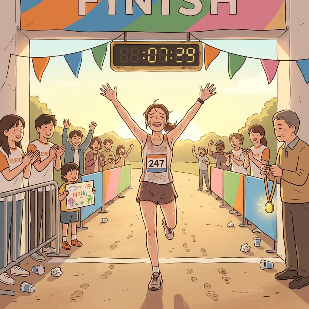 After years of training, she finally feels deep fulfillment crossing the marathon finish line.