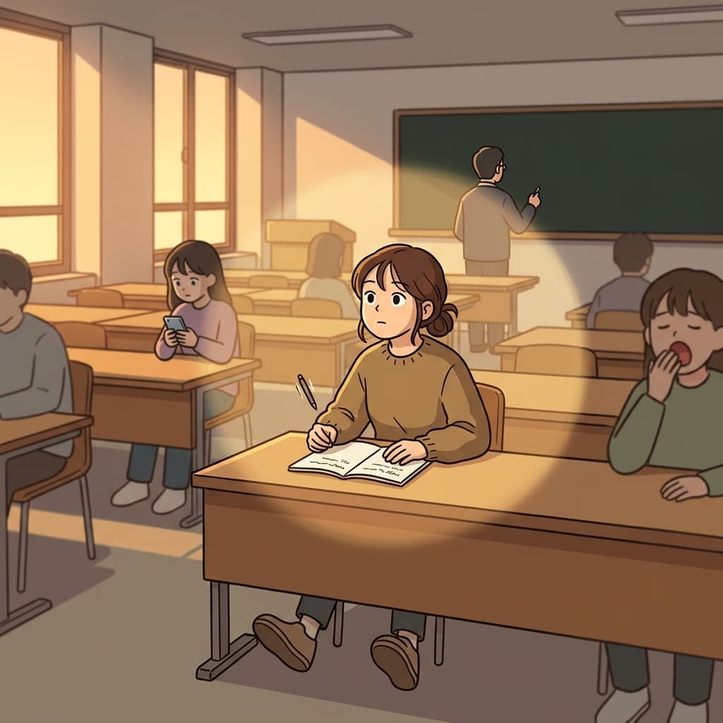 The student gives her full attention to the professor's lecture notes.