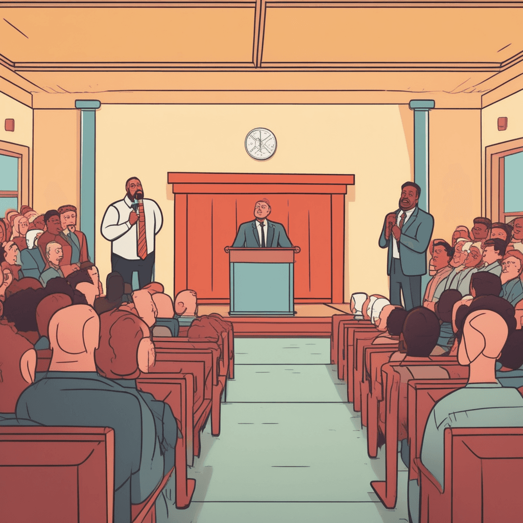 an angry citizen stands at the microphone with clenched fists and mouth wide open in furious speech. His face is red with rage as he points accusingly toward the seated officials. The force of his words creates visible anger lines radiating from his mouth. His violent gestures and explosive body language show pure condemnation. The seated officials lean back defensively while audience members react with shock and concern. Some cover their ears while others whisper nervously to each other. a violent denunciation and angry criticism being delivered with explosive force