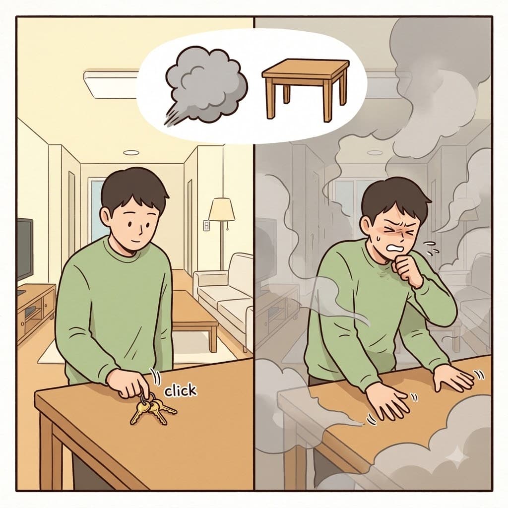 FUM(fume) + BLE(table) — blinded by the thick FUM(fume), the man began to fumble blindly across the BLE(table) to find his keys.