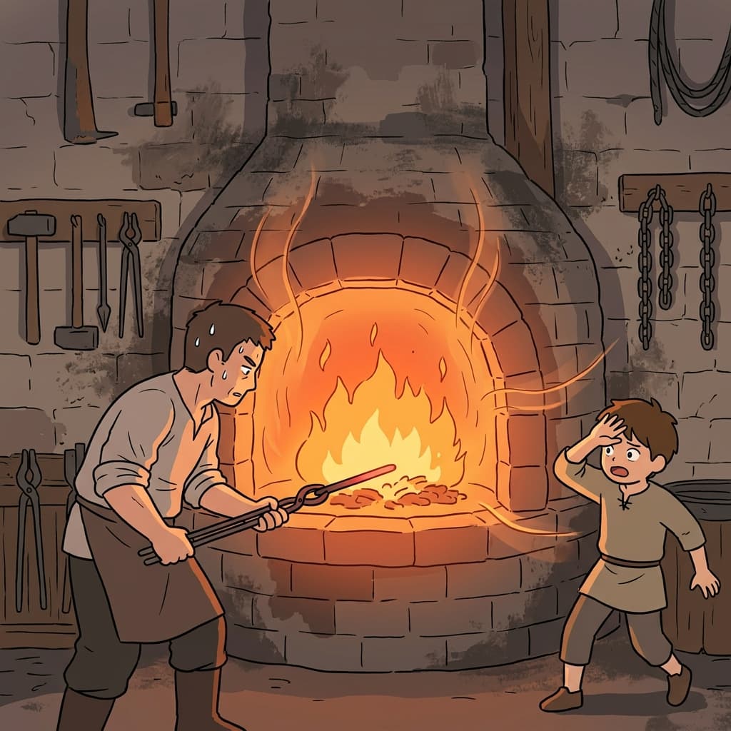 The blacksmith heats iron in the roaring furnace until it glows red.
