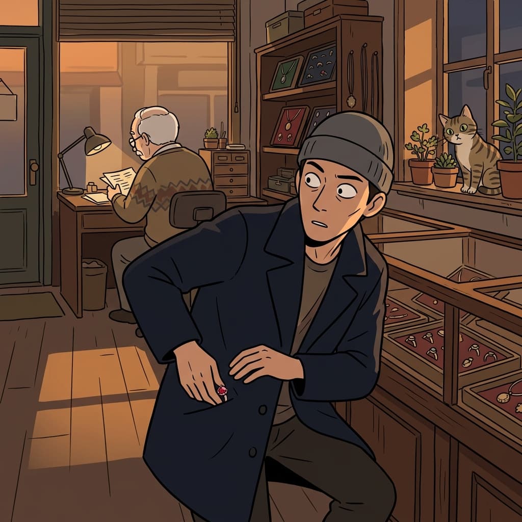 The thief made a furtive glance over his shoulder before slipping the ring into his pocket.