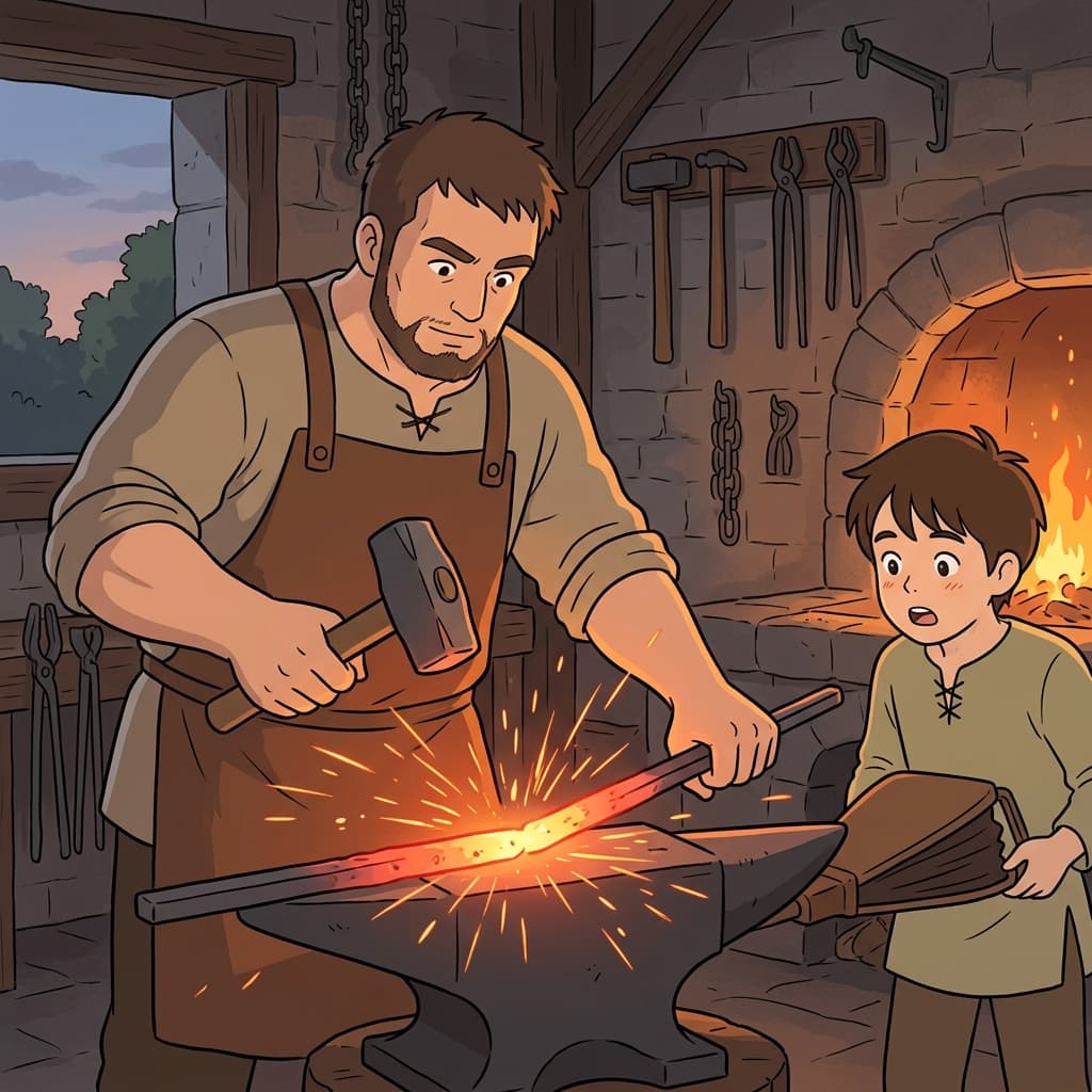 The blacksmith heats two iron rods until they fuse into one solid bar.