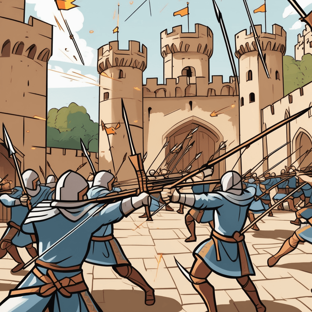 a line of archers draws back their bowstrings and releases dozens of arrows all at once. The arrows fly through the air in a dense cluster toward their target. The coordinated release creates a wall of projectiles moving together. Enemy soldiers on the opposite side raise their shields to block the incoming barrage. Other defenders duck for cover as the arrows rain down rapidly. a series of missiles thrown all at the same time in quick succession