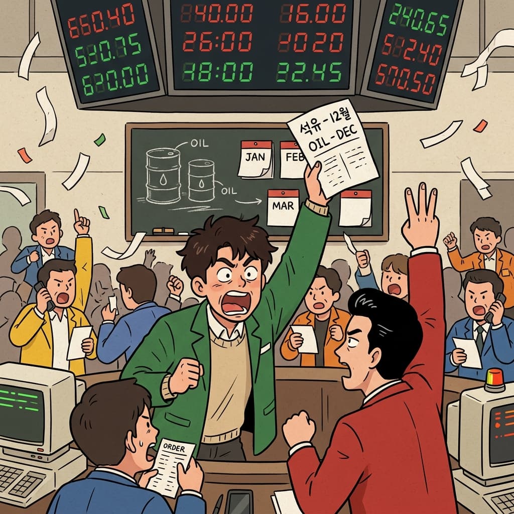 Traders on the exchange floor shout bids for oil futures as prices flash red.