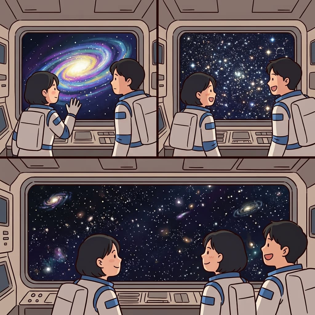 The astronauts explored a galaxy, admired countless stars, and dreamed about the vast universe.