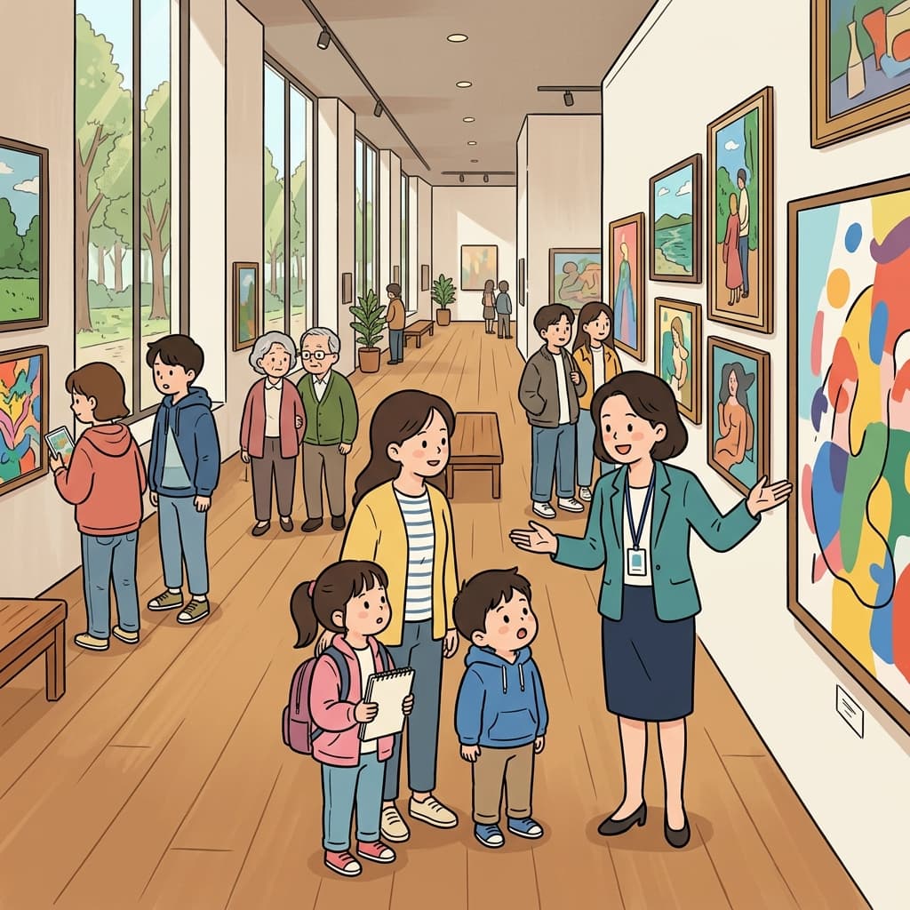 Visitors admired beautiful paintings in the art gallery.