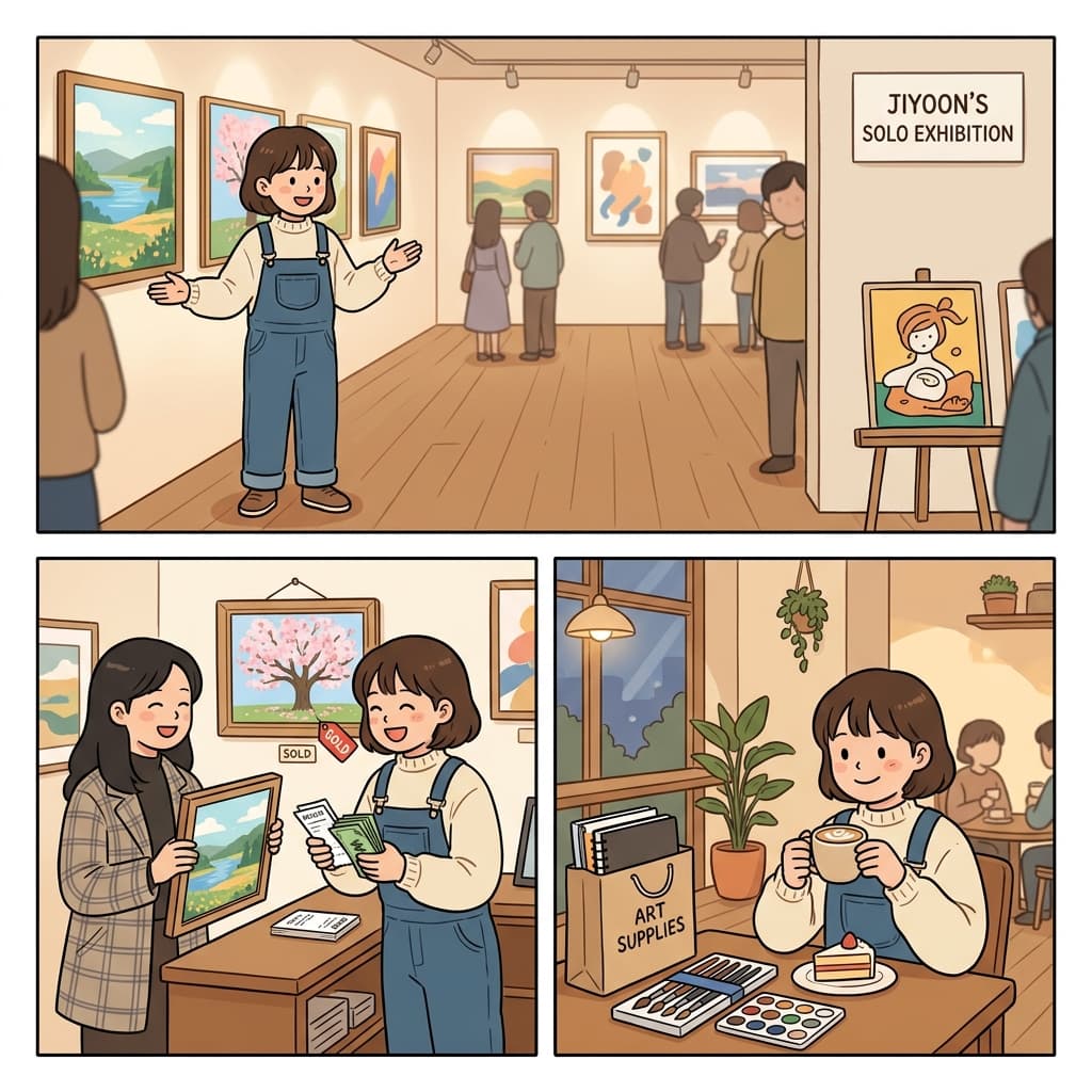 The artist sold a painting in the gallery, earned a salary, and finally enjoyed a little luxury.