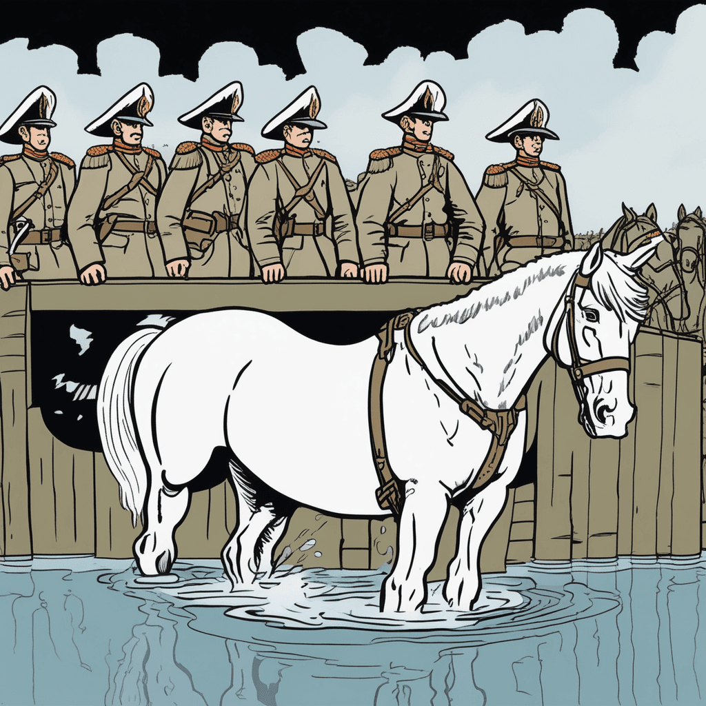 A stallion drinks gallons while the battalion waits