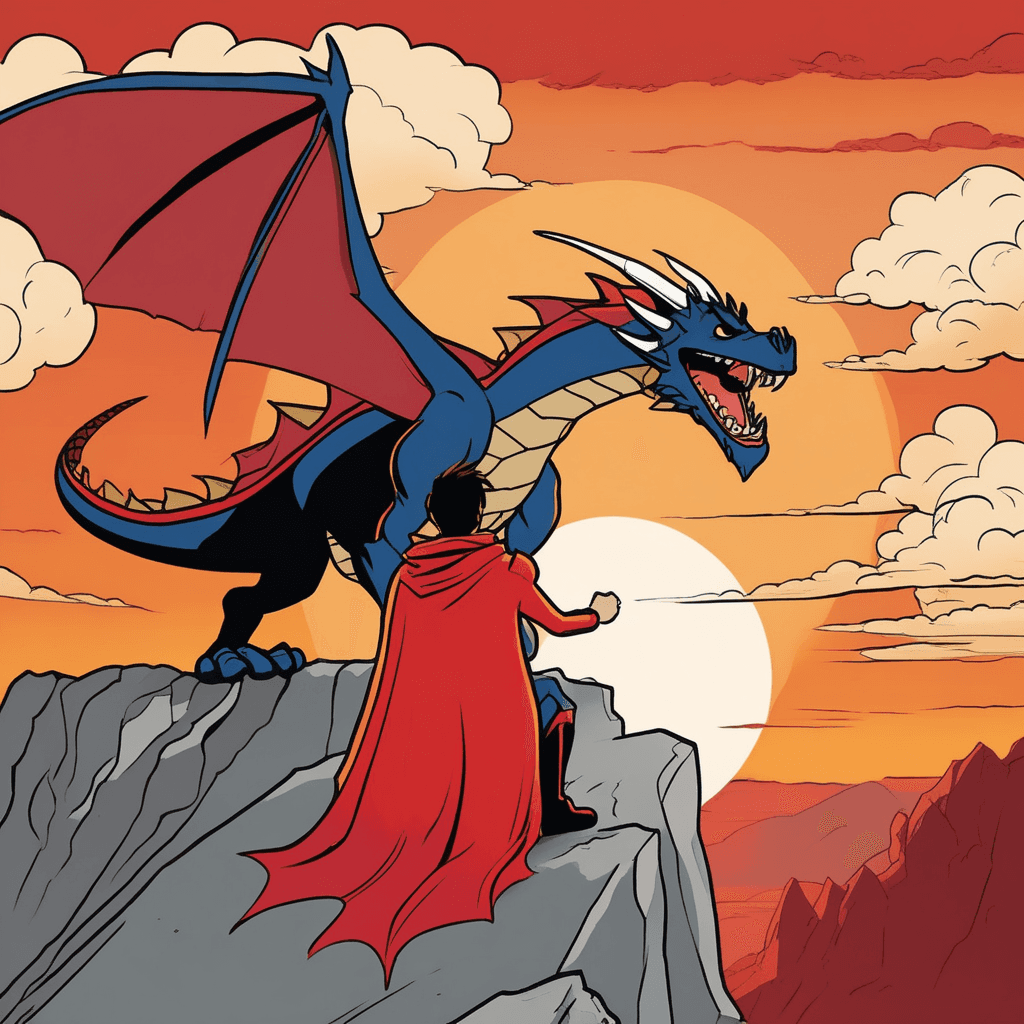 In his cape, he can only gape at the dragon's majestic shape!