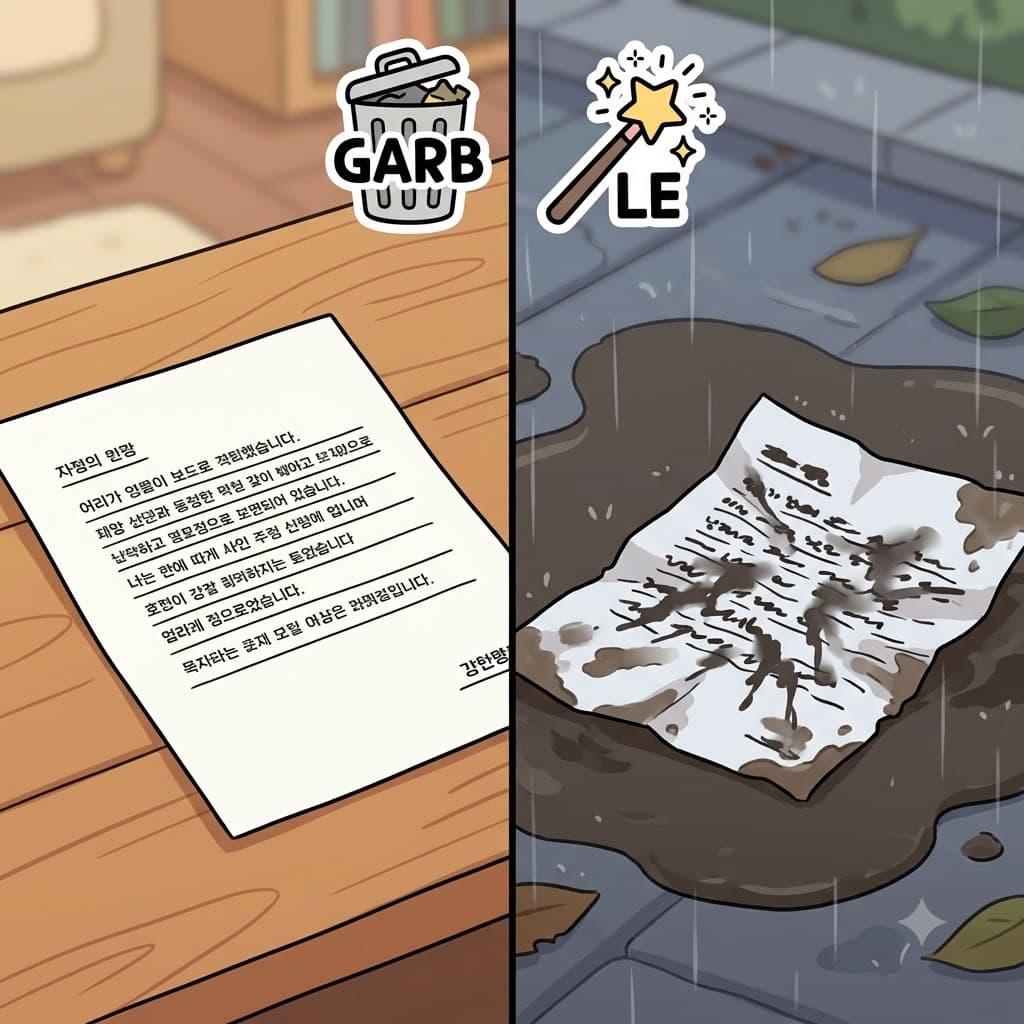 GARB(garbage) + LE(make) — by melting the ink and turning the letter into absolute GARB(garbage), the rain managed to completely garble the important message.