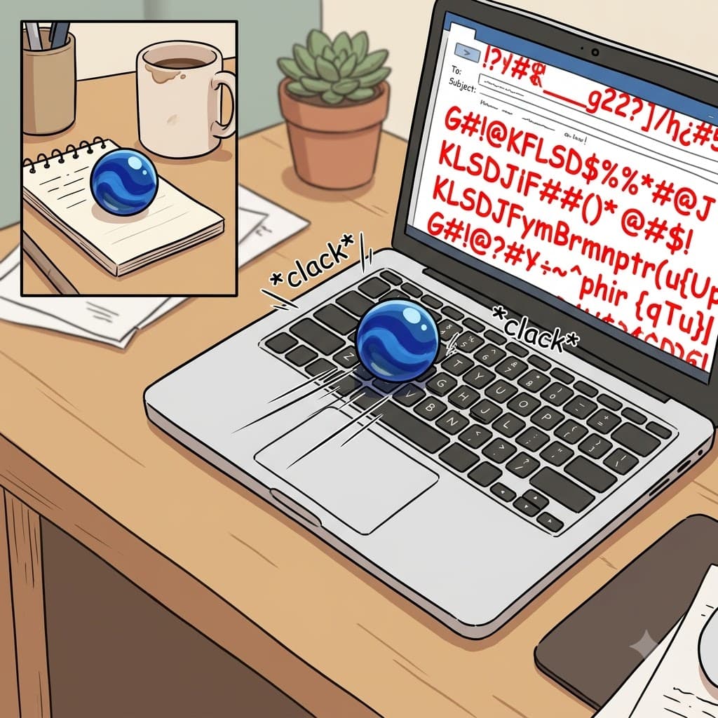 When the heavy glass marble rolled onto the keyboard, it began to randomly garble the typed email.