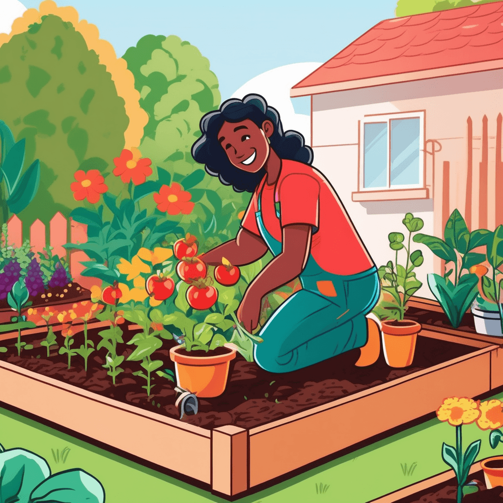 a cheerful gardener kneels beside a flower bed, carefully planting bright red tomato seedlings in rich dark soil. They wear gardening gloves and hold a small trowel while gently placing each plant into prepared holes. The freshly planted seedlings stand upright in neat rows while water droplets glisten on nearby mature plants. The gardener's watering can sits beside them, and loose soil surrounds the planting area. A neighbor peers over the fence, admiring the beautiful organized garden space. a person who tends and cultivates a garden