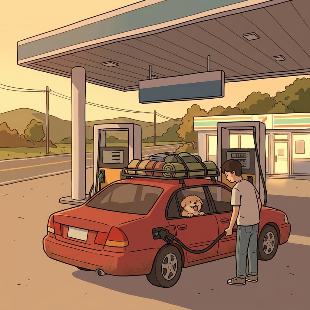 He pulls into the gas station to refuel his car before the long road trip.
