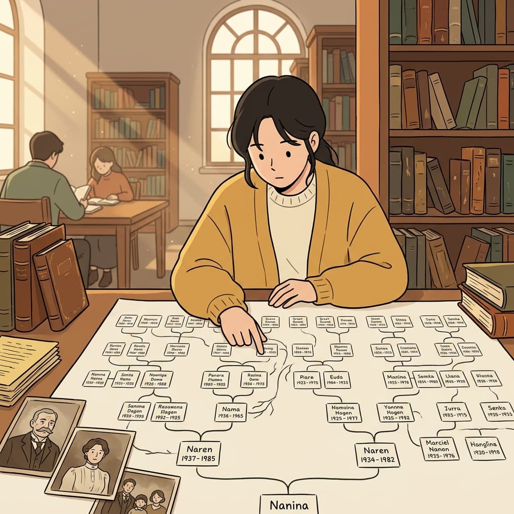 She traces her family's genealogy back five generations in an old library archive.