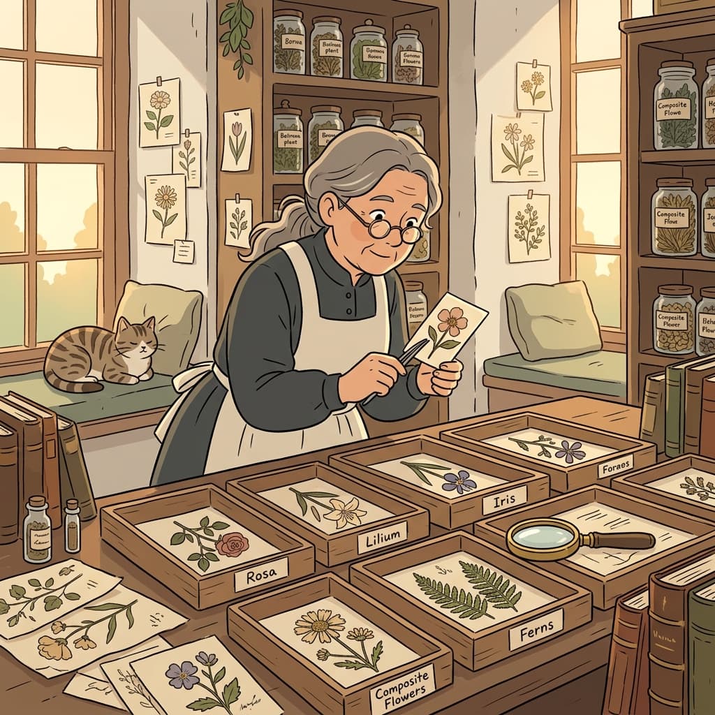 The botanist sorts pressed flowers into different genera on her wooden table.