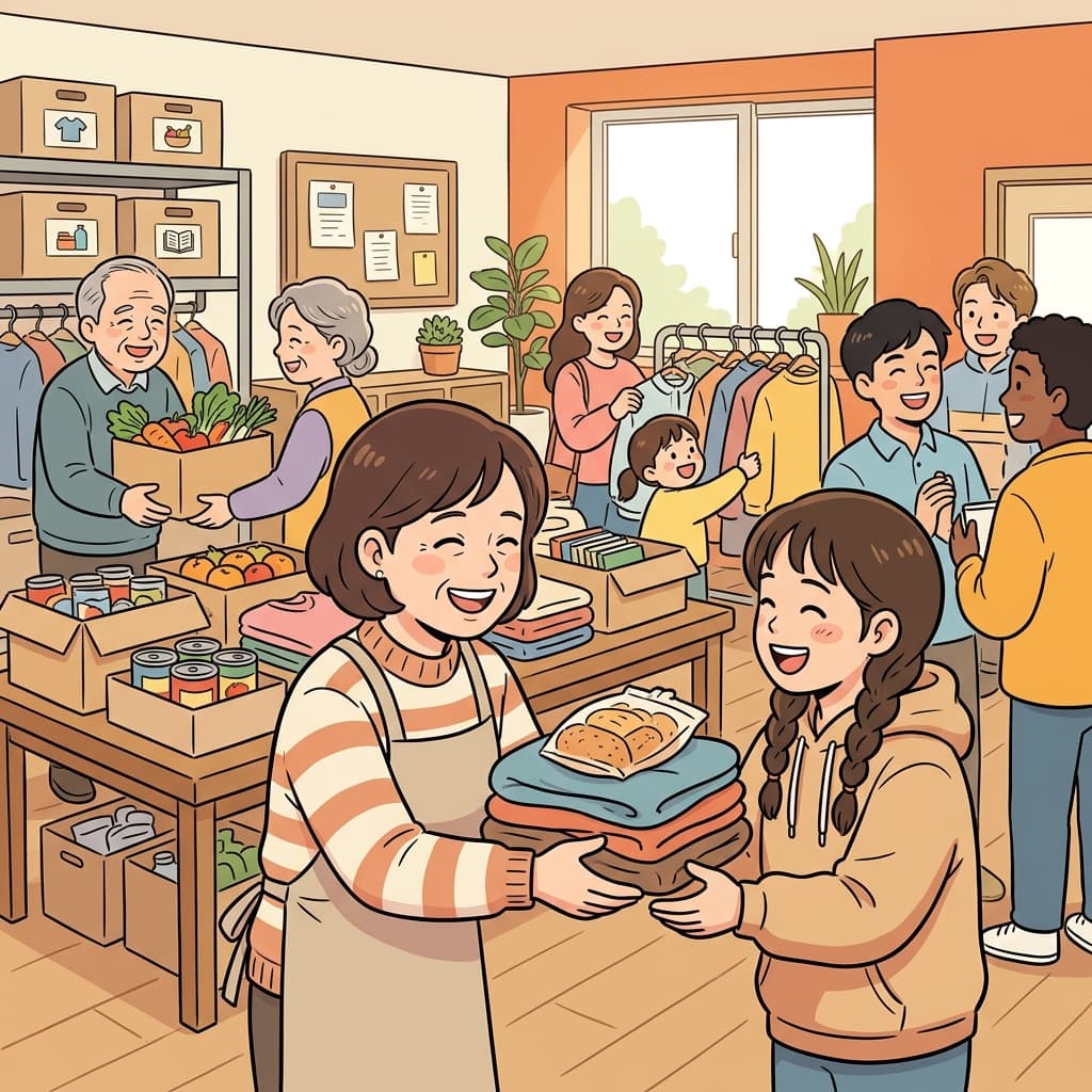 The woman generously donated food and clothes to people in need.