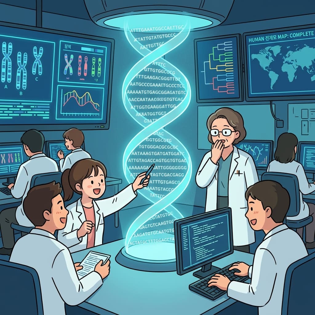 Scientists decode the entire human genome in a glowing helix display.
