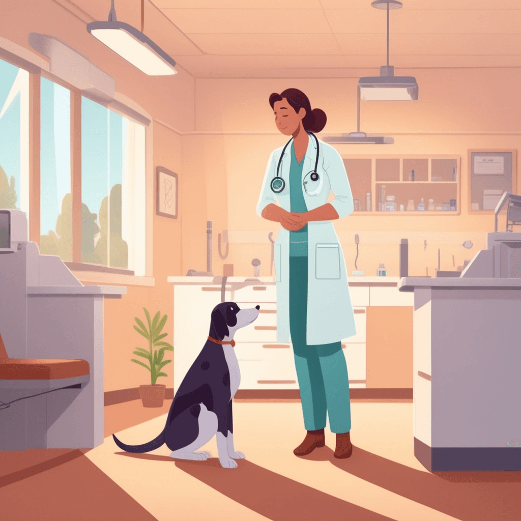 a kind veterinarian slowly reaches toward a trembling small dog with open, relaxed hands. She moves her hand much more slowly and softly than before, speaking calmly to reassure the frightened animal. The dog's tense body language begins to relax as it senses the gentler approach. Its ears move from flattened back to a more natural position, and its trembling decreases. A pet owner watches nearby with relief as their dog responds positively to the calmer treatment. someone being more mild, kind, and tender in their approach than before