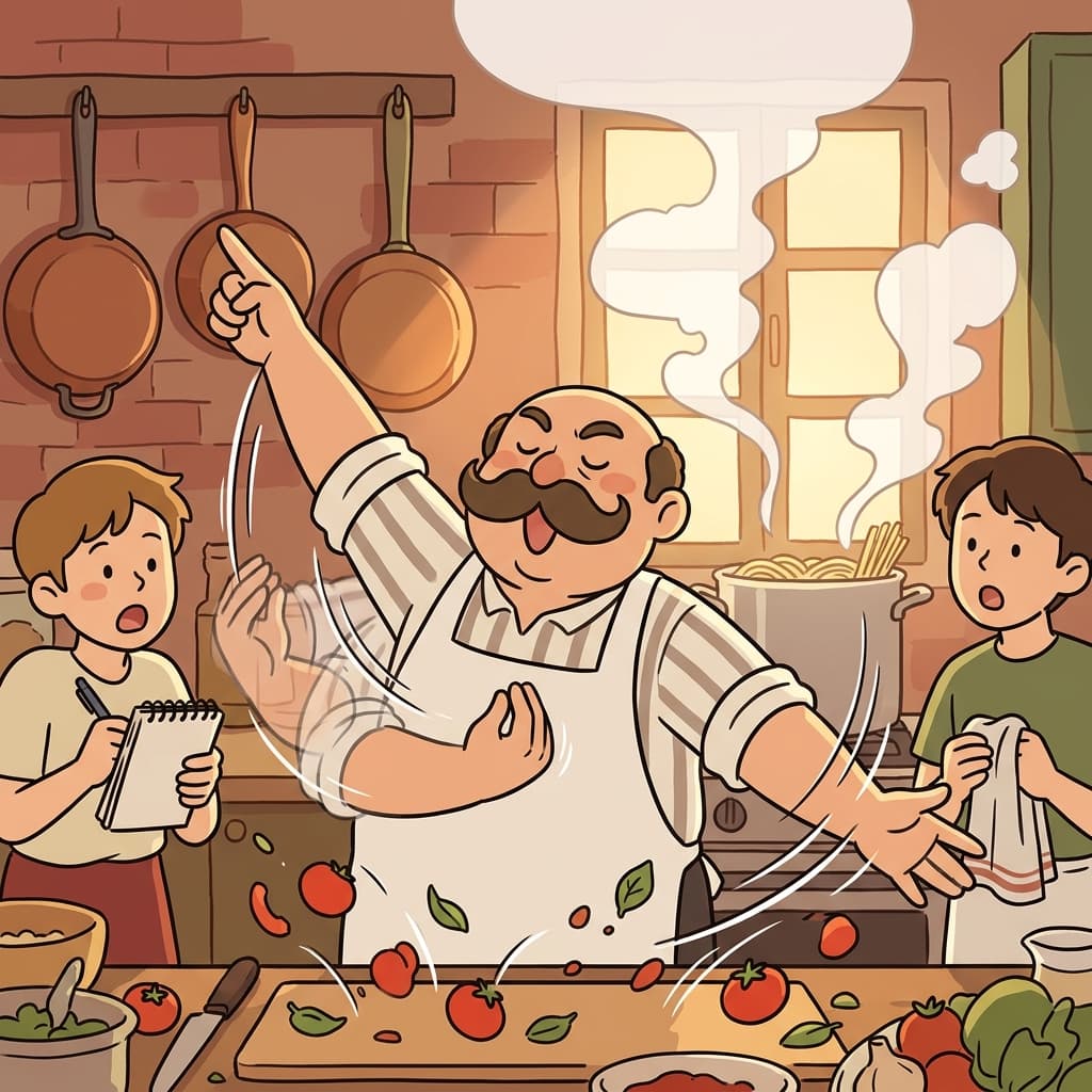 The Italian chef begins to gesticulate wildly while explaining his secret pasta recipe.