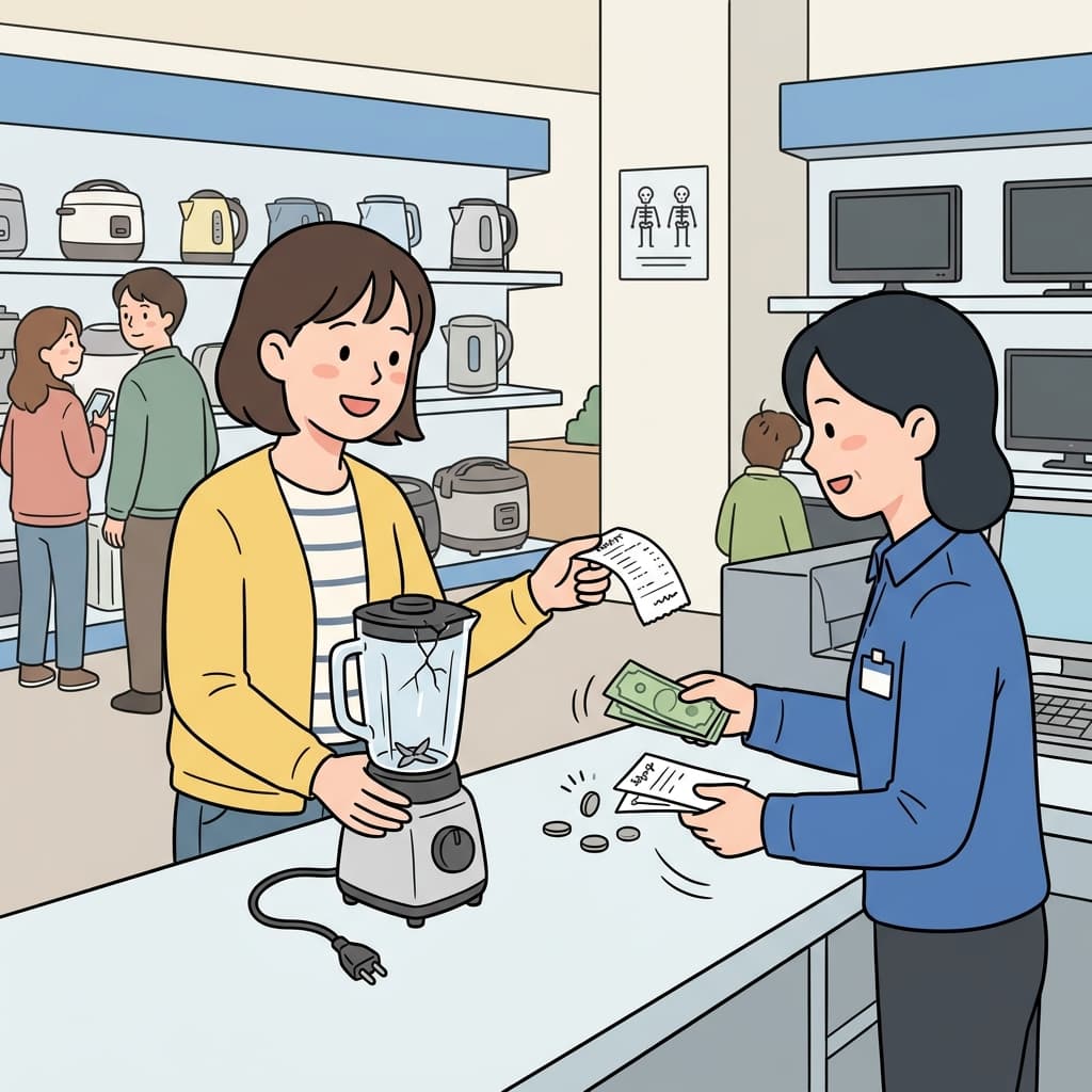 She returns the broken blender to get a refund from the store clerk.