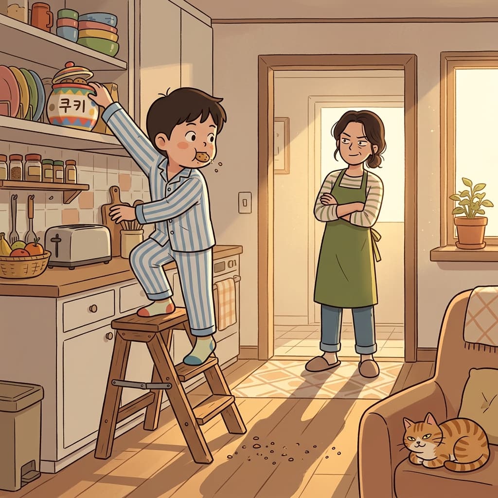 He tried to get away with sneaking cookies before dinner, but mom saw everything.