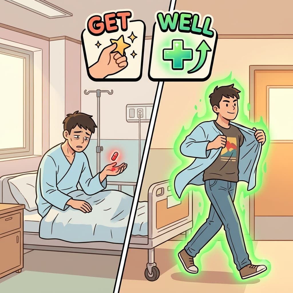 GET(become) + WELL(healthy) — swallowing the medicine to GET(become) fully WELL(healthy), the patient happily left the hospital.
