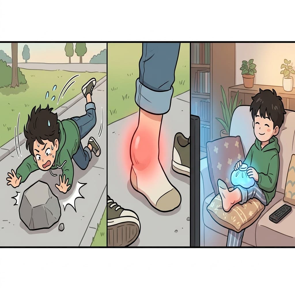 After he painfully fell and watched his ankle swell, he rested with an ice pack in bed to get well.