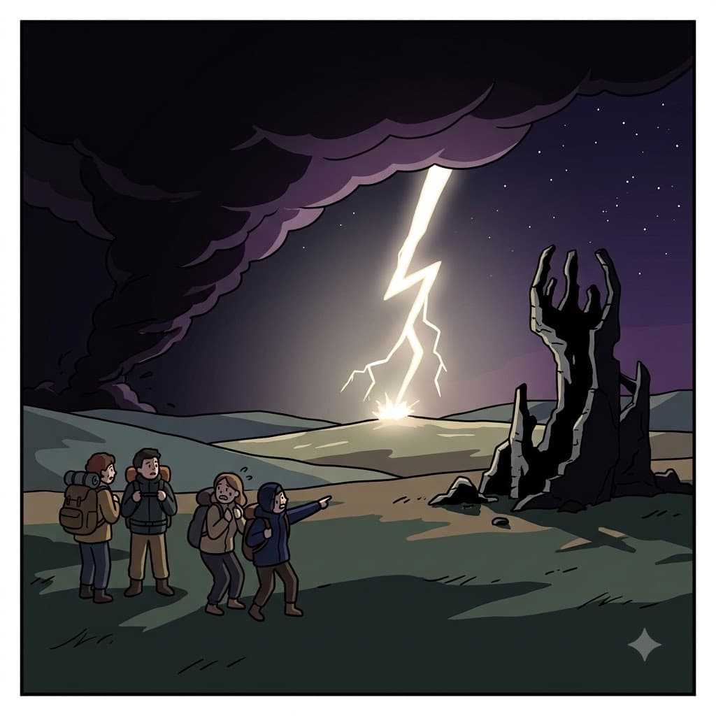 Growing vastly across the dark sky and striking one lightning bolt lastly, the storm revealed a ghastly shadow of a ruined tower.