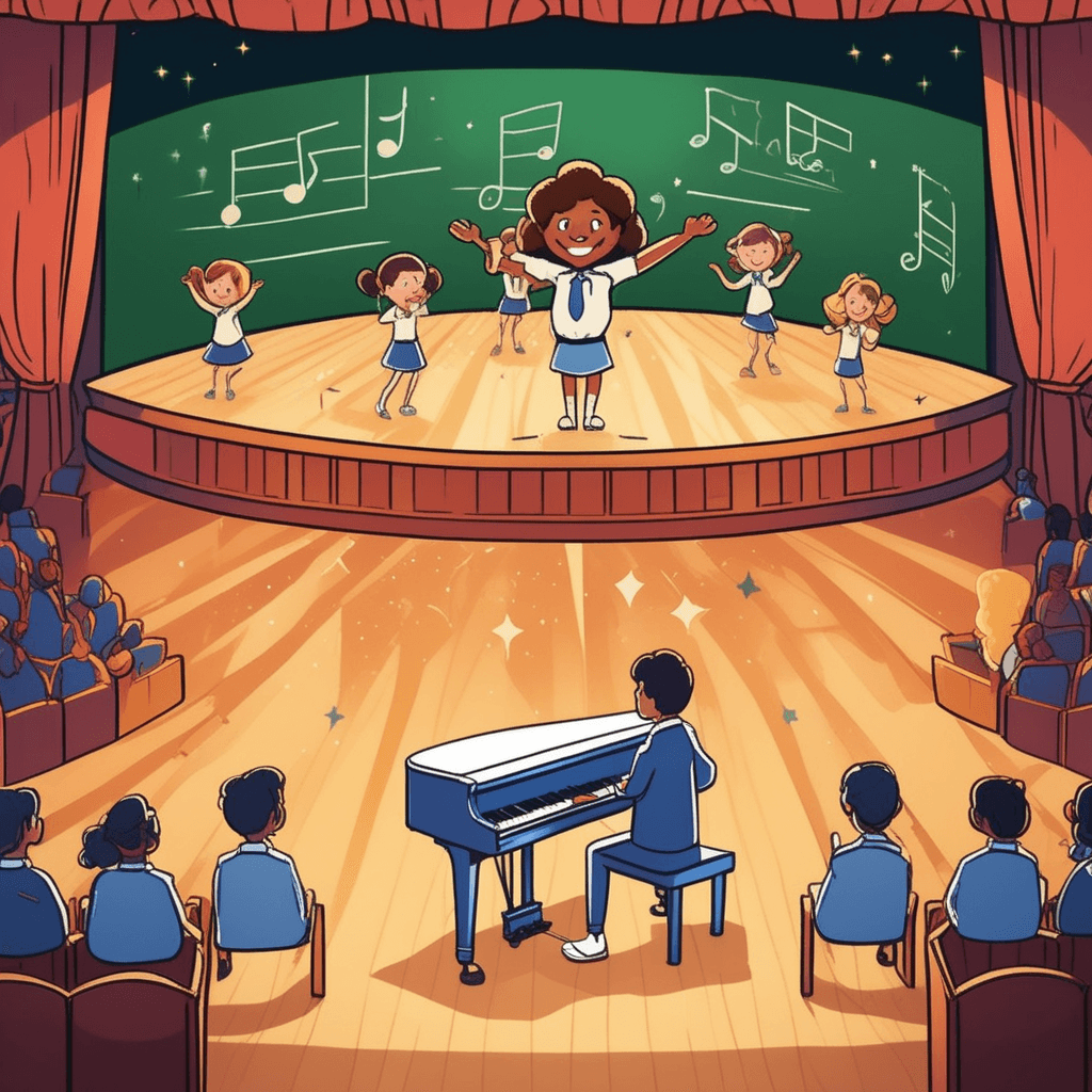 a young student effortlessly plays a complex piano piece while simultaneously solving a difficult math equation on a floating chalkboard with her other hand. Her fingers move gracefully across the keys while she writes advanced formulas without even looking. The beautiful music fills the air as the mathematical solution appears perfectly calculated. The audience of students and teachers watch with dropped jaws and wide eyes, pointing and whispering to each other in amazement. Some audience members lean forward in their seats, completely captivated by this display of multiple talents. someone having exceptional talent or natural ability