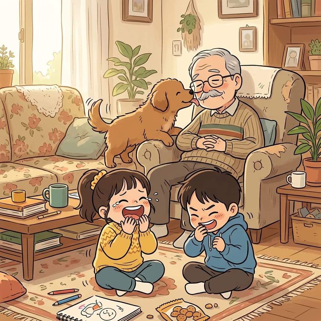 The kids couldn't stop their giggle when the puppy licked grandpa's nose.