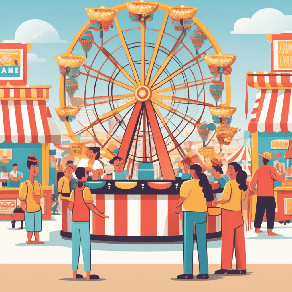 a carnival game operator enthusiastically demonstrates an oversized spinning wheel covered in huge fake prizes. He spins the colorful wheel dramatically while pointing to enormous stuffed animals hanging above his booth. When the wheel stops, he quickly hands a tiny plastic toy to the disappointed customer instead of the big prize shown. The customer looks confused while holding the small worthless item, realizing the display was just for show. Other potential customers nearby start walking away after seeing the obvious deception. a trick or device intended to attract attention, publicity, or business