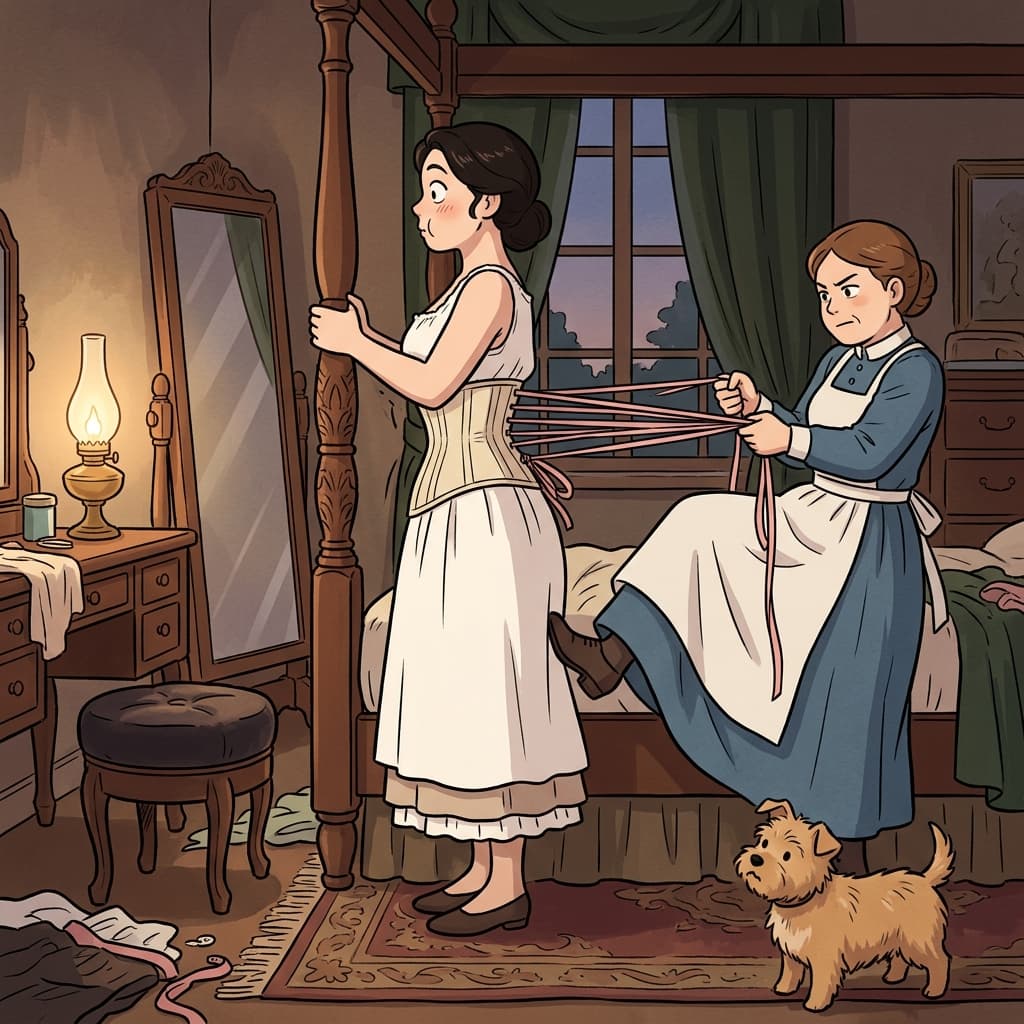 The Victorian maid laces up her mistress's tight girdle before the grand ball.