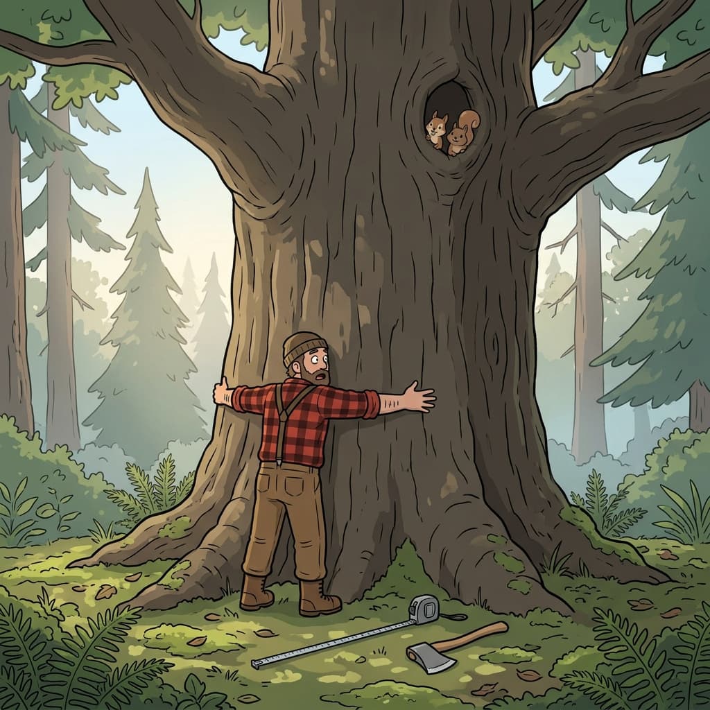 The lumberjack hugged the girthy oak, his arms barely reaching halfway around.