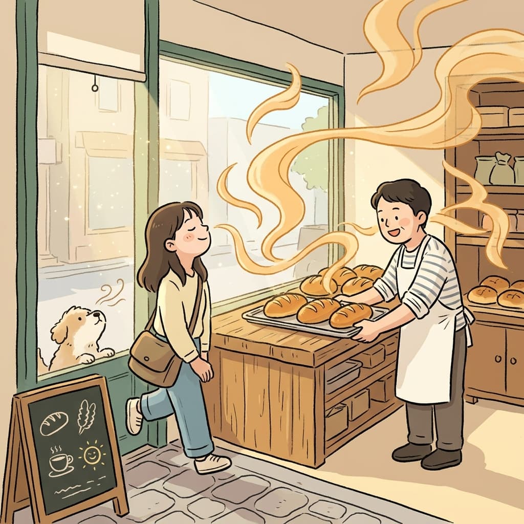 The fresh bread gives off a warm, buttery smell that fills the whole bakery.