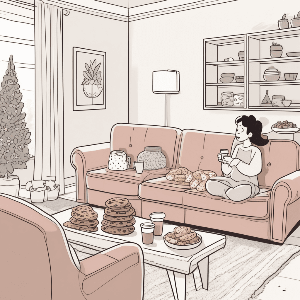 a person sits on the edge of a couch, reluctantly reaching toward a table loaded with cookies, chips, and candy. Their expression shows internal conflict between wanting to resist and being unable to stop themselves. The person had been trying to avoid the treats but their willpower is crumbling. Their hand moves closer to grab a chocolate cookie despite their earlier determination to eat healthy. A friend nearby watches with understanding as they recognize the familiar struggle. someone finally agreeing to what they want despite trying to resist the temptation