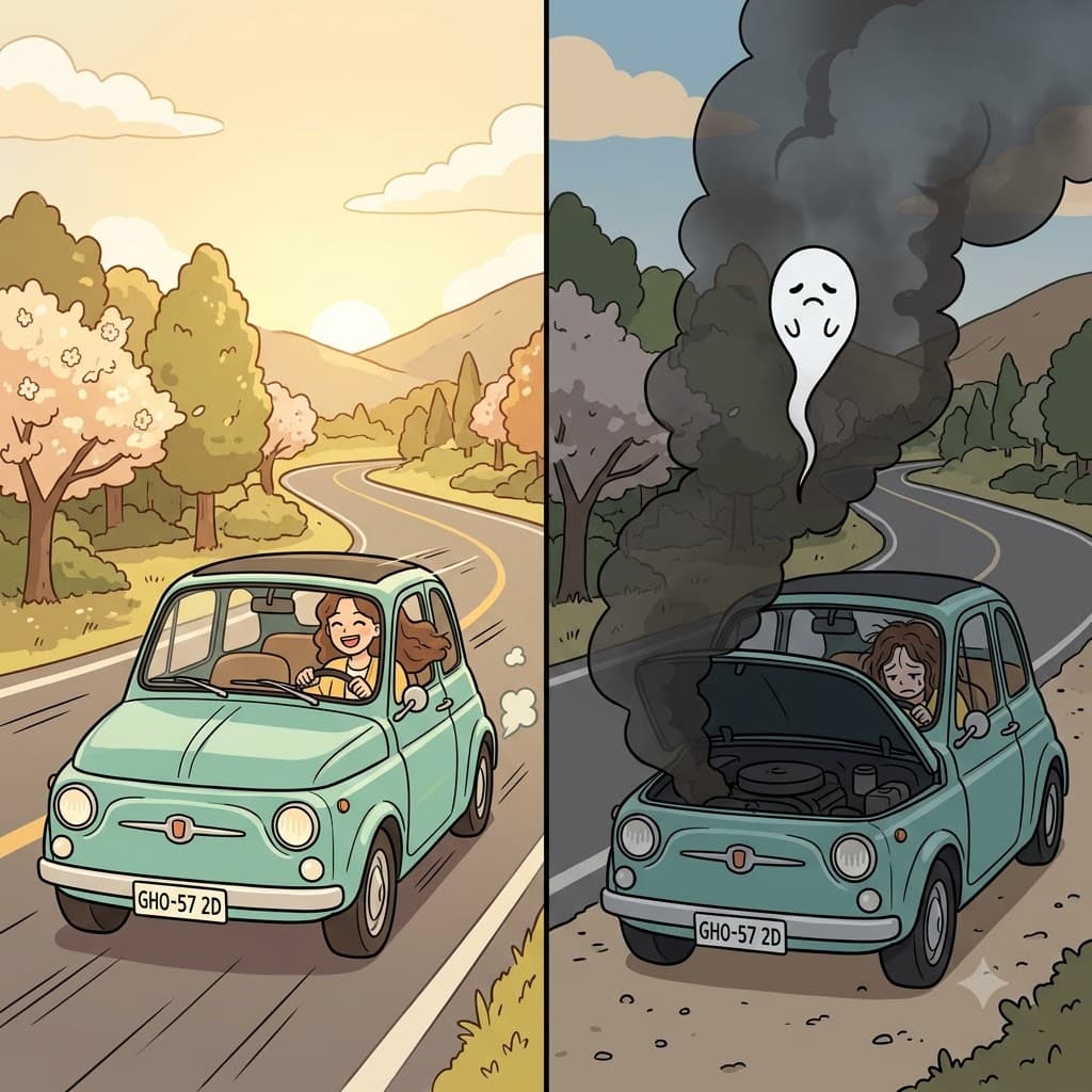 While the old car drove smoothly down the highway earlier, it suddenly gave up the ghost and stopped moving completely.